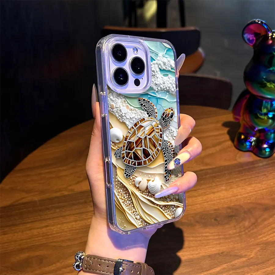 Magnetic Crystal Stylish Shockproof Cover for iPhone 17/16 Pro Max Plus/15/14/13/12/11/Air E, Aesthetic Ocean Beach Sea Turtle Shells Pattern, Non-Yellowing Transparent Acrylic Soft Silicone Case, Wireless Charging Support, Phone Accessories