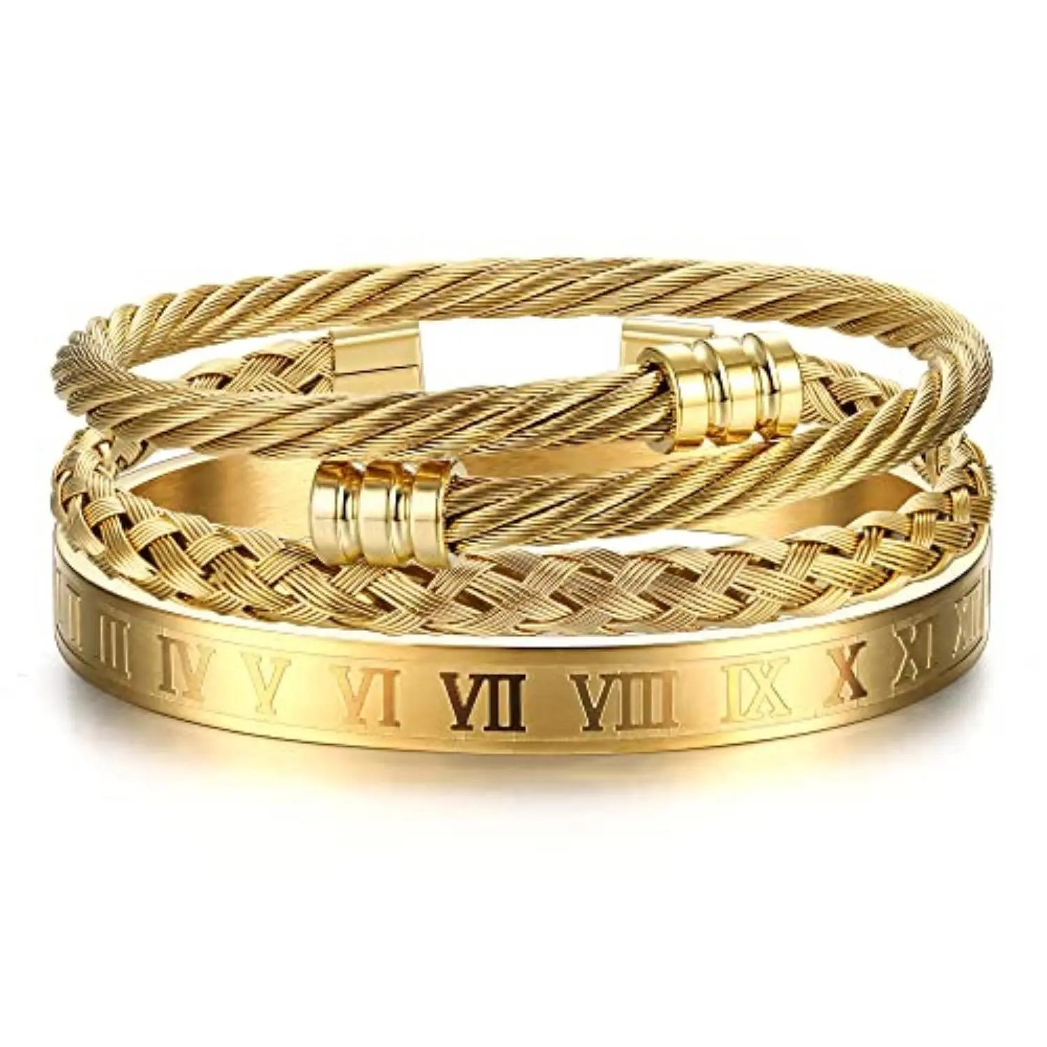 FLORIDECO 3Pcs Adjustable Roman Numeral Cuff Bangles - Stainless Steel Stackable Bangle Bracelets, Silver & Black, Premium Durable Jewelry, Elegant Versatile Daily Wear Gift,summerwins