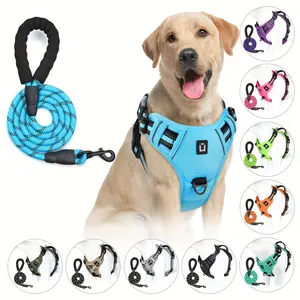 Anti-Escape Reflective Dog Harness and Leash Set - Padded, Adjustable Vest with Handle, Suitable for Small to Large Dogs, Including 5 Feet Blue/Black, Purple, Green, Orange, Camouflage Leash - Hand Wash Only, Dog Leash