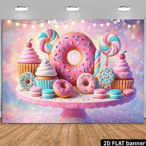 2D Flat Banner, 1pc Dessert-Themed Party Backdrop Featuring Enormous Donuts And Colorful Cupcakes, Sprinkled with Sugar Flakes And Candy Beads, Complemented by Spiral Lollipops And Cherry Decorations, Creating a Drea
