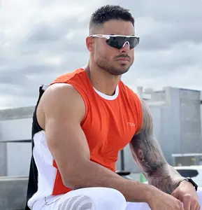 Performance Man Tank Top - Orange Fitted Vest with Reflective Sides for Safety & Comfort - 95% Recycled Modal & 5% Spandex - Water Absorbent & Wrinkle Resistant