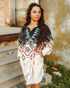 Black Ombre Horse Aztec Button Down Collared Dress