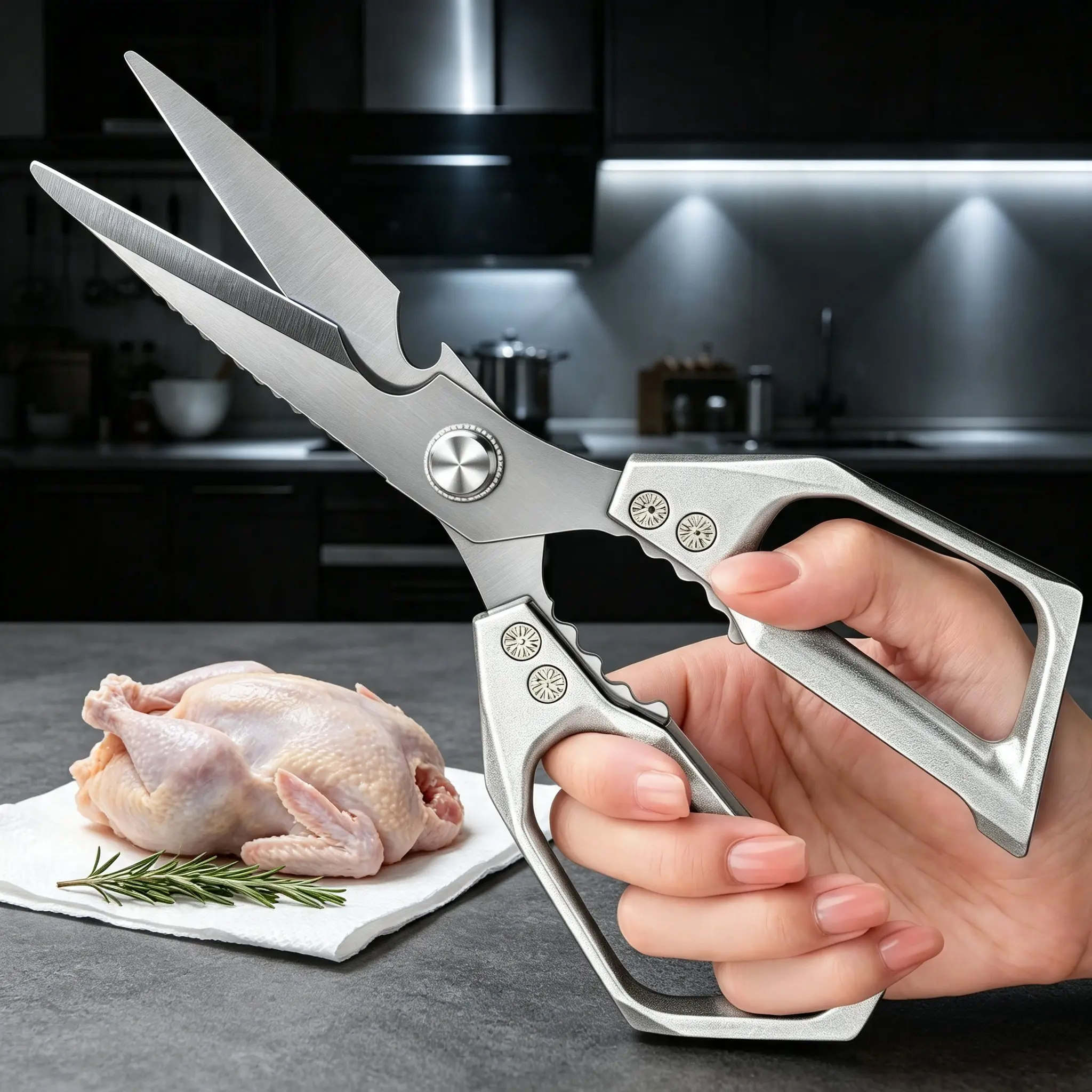 Professional Stainless Steel Kitchen Scissors-Meat Scissors Cuts Bone/Herbs/Packaging Ergonomic for Chefs/Daily Use/Multi-Purpose/Easily Cut, Heavy Duty Kitchen Scissors, Preparation, Meat, Ergonomic Handles, Blades, Durable Construction