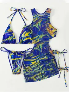 Three-piece Set Women's Wave Print Halter Triangle Swim Top & High Cut Swim Bottom & Drawstring Ruched Cut Out Dress Set, Casual Swimwear Set for Beach, cutout bathing suits, Ruched Halter Swimsuit, Cutout Bikini, Swimsuit Style Bikini, Bikini Sets
