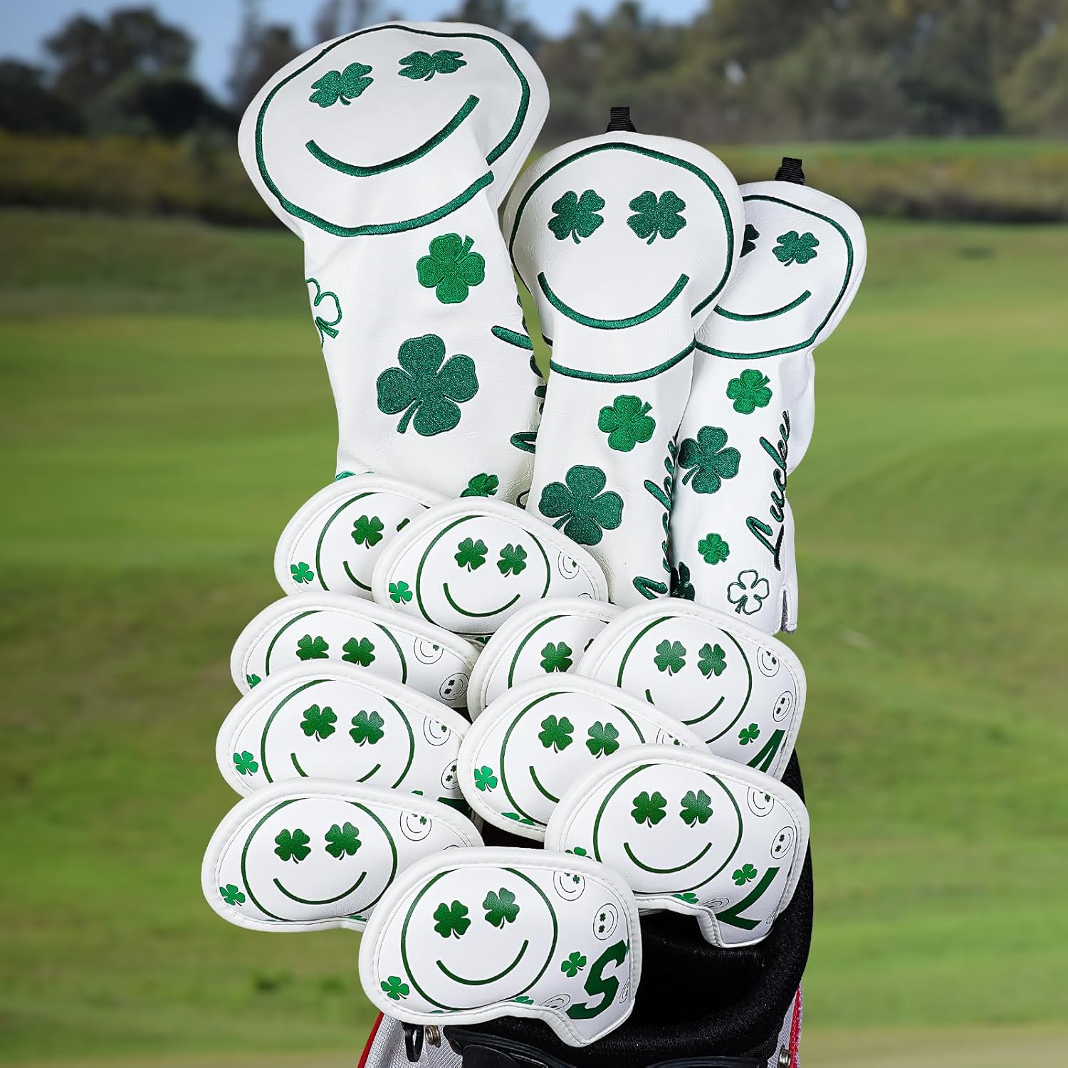 Big Teeth Golf 10Pcs Cover Clover Smile Emo Headcover Covers - Fits Irons By White Four - Leaf Clover Stylish Design for Golf Gear Protection