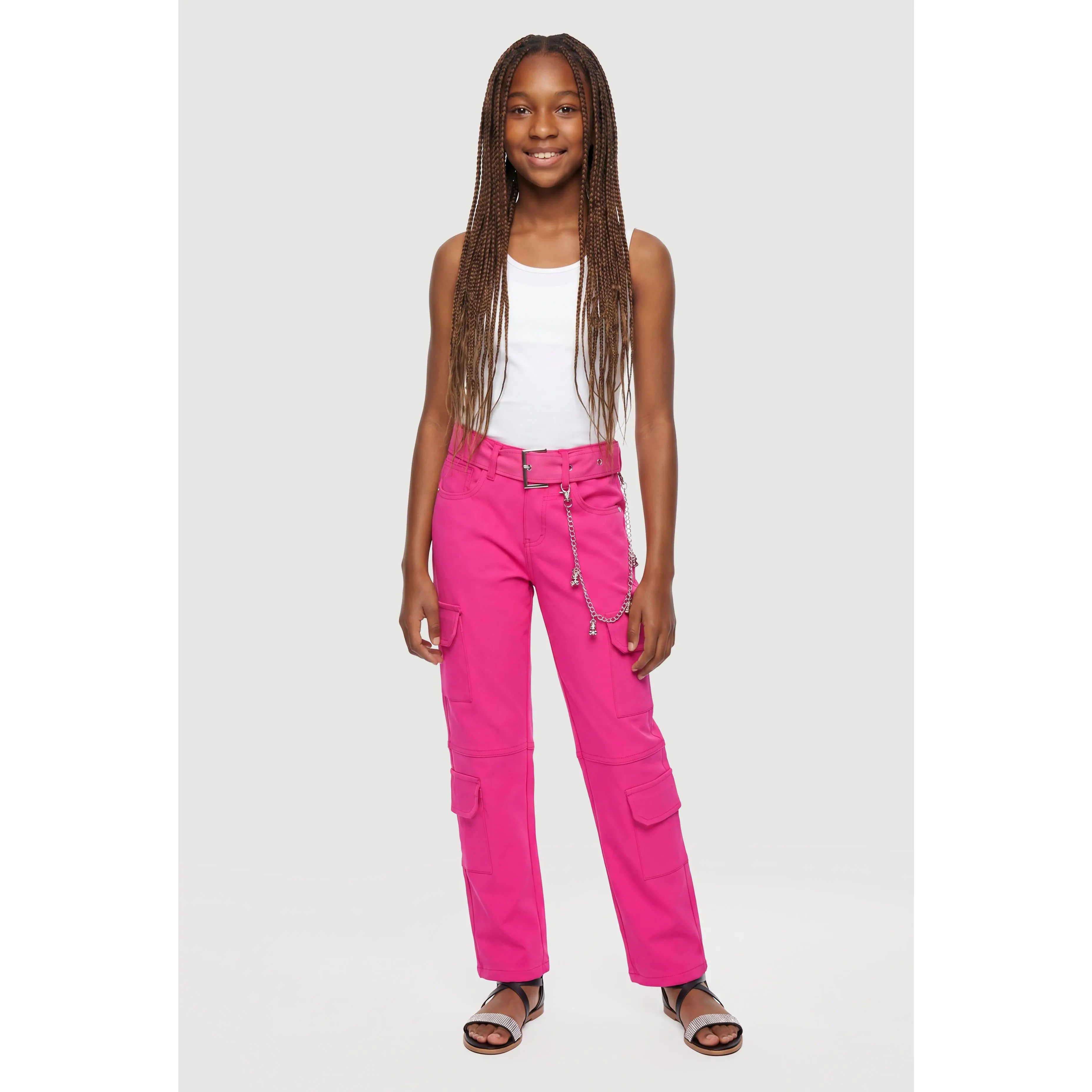 Girls Multi Pocket Cargo Pants with Bear Charm Chain