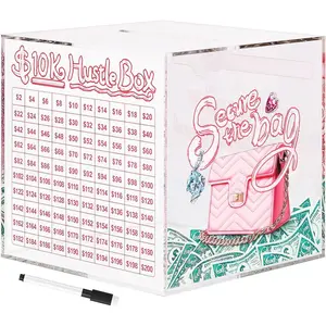 10K Smash Box Money Saving Challenge, Clear Acrylic Piggy Bank for Adults, Break to Open Cash Vault, Cash and Coin Collection Box, Size Large (6.7 inch)