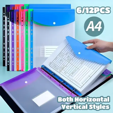 6/12-Pack A4 High-Capacity Loose-Leaf File Bags, File Storage, Document Holder, 11-Hole PP Binder Pouches with Expandable Button and Label Pockets for School, Home, Office and Travel