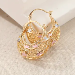 Colorful Enamel Earrings with Retro Style Hollow Carved 18K Gold Color Elegant Floral Design Niche Light Luxury Jewelry