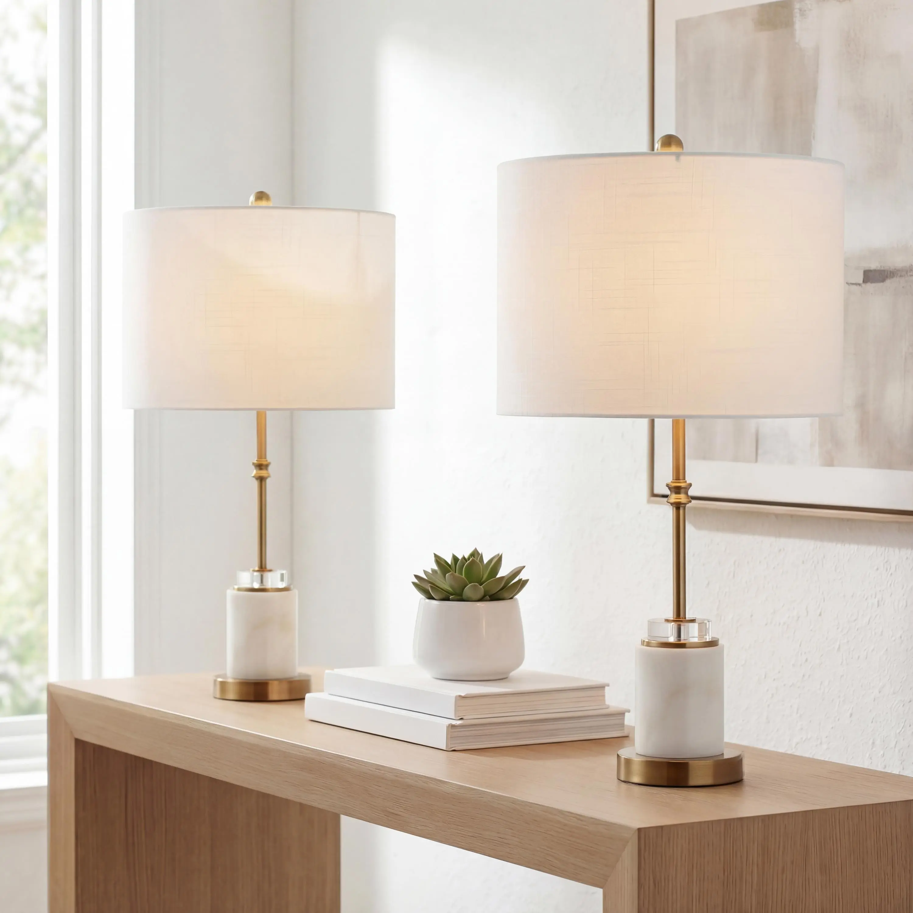 JONATHAN Y Hopper 27" 2-Pack Decorative Lamps, Luxury Gold Home Decor, Crystal Finial Column, White/Brass Gold Bases & Shades, Linen Drum Shades, Eco-Friendly LED Bulb Included, AC Power Supply, 60" Silk Cord, Desk or Nightstand Option
