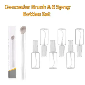 Concealer Brush & 6 Pcs Travel Spray Bottles Set – Angled Makeup Brush + 6 Mini 1oz Refillable Fine Mist Bottles with Funnels & Labels for Beauty Essentials Flawless Cosmetic