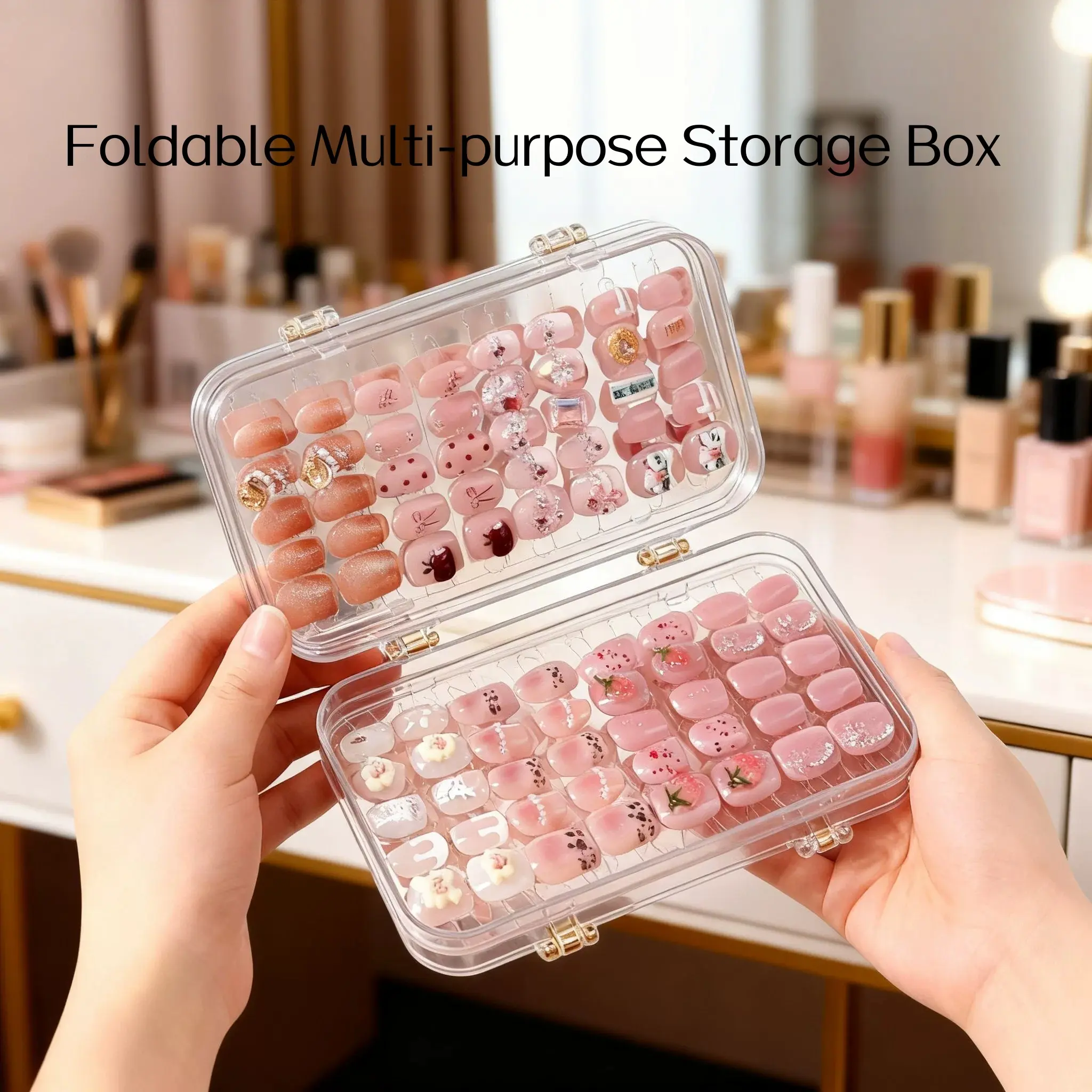 Triple Fold Press On Nail Storage Box, Transparent Dustproof Large Capacity Nail Tip Organizer Case, Stackable Acrylic Display Holder for False Nails Art Accessories Jewelry Sorting, Portable Storage Container for Home Salon Travel Daily Organization
