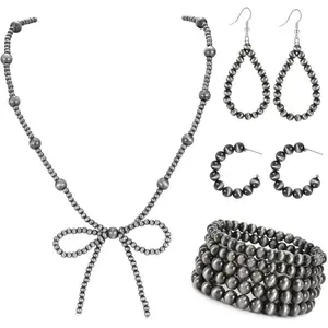 Navajo Pearl Bow Necklace Western Jewelry Set for Women Cowgirl Turquoise Necklaces with Matching Earrings & Bracelets 4mm Faux Pearls 20 Inches with 3 Inch Extension Perfect Gift for Birthdays Anniversaries