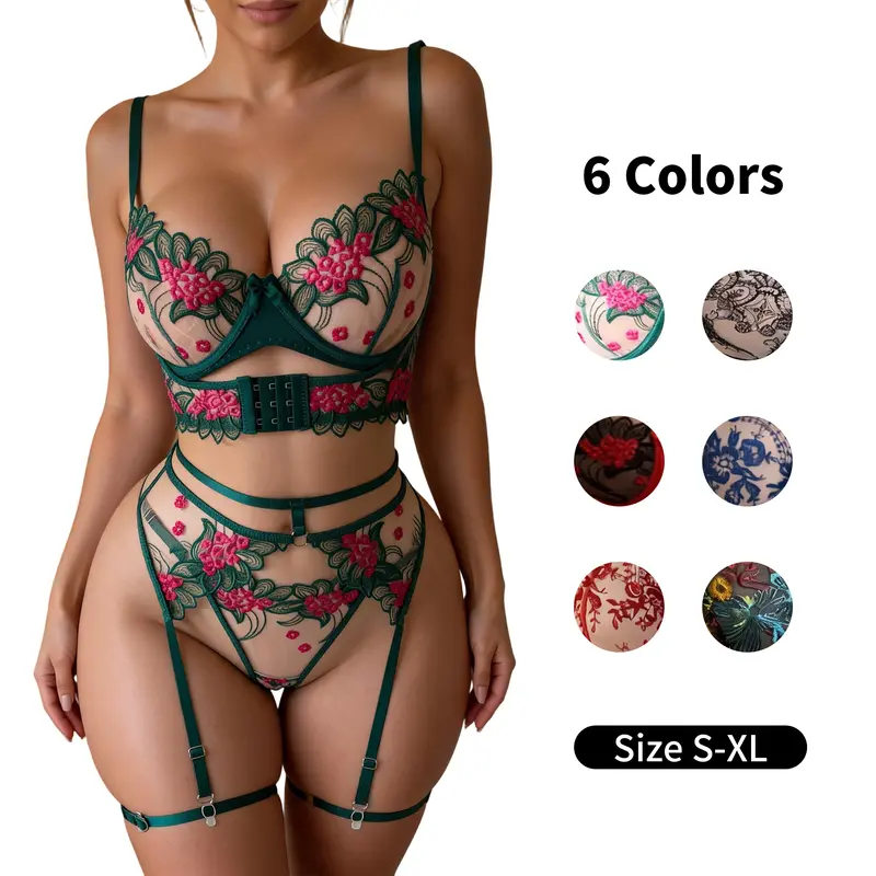 Women's Vintage Fit 5-Piece Floral Embroidery Sheer Mesh Lingerie Set - Halter Push-Up Bra, Cutout Garter Belt, Matching Straps, Thong, Underwear Nightwear,  Women Gifts