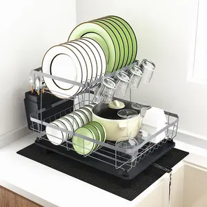 2 Tiers Dish Drying Rack, Space-Saving Dish Racks for Kitchen Counter, Dish Drainer Drying Rack with Drainboard, Utensil Holder Cups Holder  and Automatic Drainage Drainboard Organiser Tool Grey