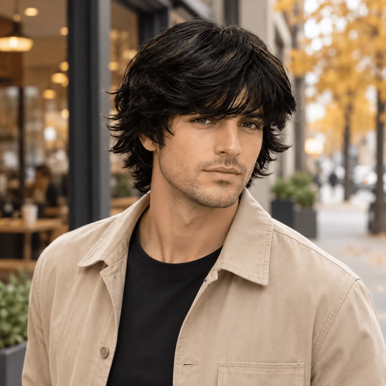 **Men's Brown Black Highlighted Mullet Wig, Medium Layered Wolf Cut Wig with Broken Bangs, Loose Curly Synthetic Full Wig for Cosplay, Party & Stage Performance** >