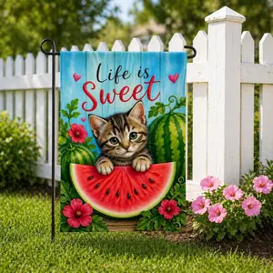 Watermelon Kitten Garden Flag, Outdoor Porch Decoration, Cat Lover Gift, Housewarming