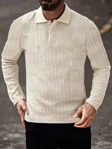 Business Casual Upgrade Mens Clothing Polished Cable Knit Long Sleeve Polo Shirt with Minimalist Braid Pattern Professional Top for Office Work and Client Meetings