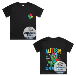 Kids Autism is My Superpower Dino Trex ASD Awareness Boys Kids  Front and Back Cotton T-shirt, Graphic Print Round Neck Short Sleeve Casual Tee for Boys Girls