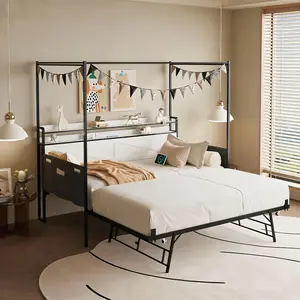 Twin Metal Canopy Bed with Trundle and Storage Shelves, Modern Metal Canopy Daybed with LED Lights and Charging Station, 4-Poster Bed frame with Headboard and Footboard, Noise-Free, White+Black
