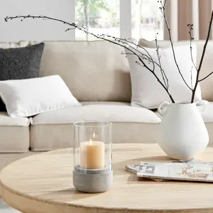 Danya B. Modern Cool Gray Cement Base and Glass Pillar Candle Holder