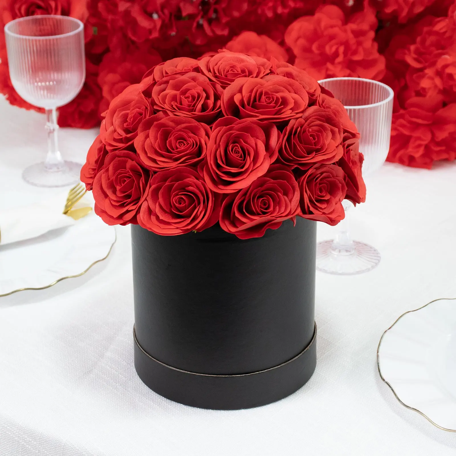 Romantic Red Artificial Bouquet, 27pcs Roses Decorative Floral Centerpiece Arrangement with Black Round Gift Box for Home Decor