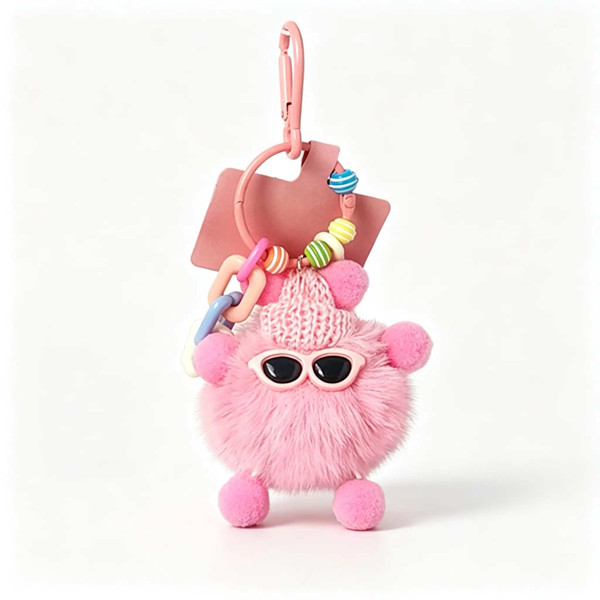 Fluffy Plush Monster Bag Charm, Cute Pom Pom Keychain with Mini Knit Hat & Sunglasses, Multi-use Clip-on Accessory for Handbags & Keys, Plush Toy Keychains