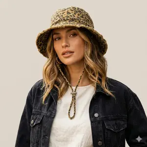 Reversible Leopard Denim Bucket Hat, Cotton Fisherman Cap, Packable Cheetah Sun Hat with Letters, Unisex Fashion Accessory