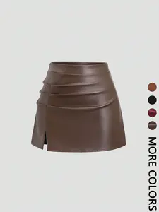 Women's High-Waisted Pleated Mini Skirt PU/Suede Leather Vintage Retro Y2K Side-Slit Flared A-Line for Spring Fall Brazilian Elegant Skirt  Valentine's Day Date & Party