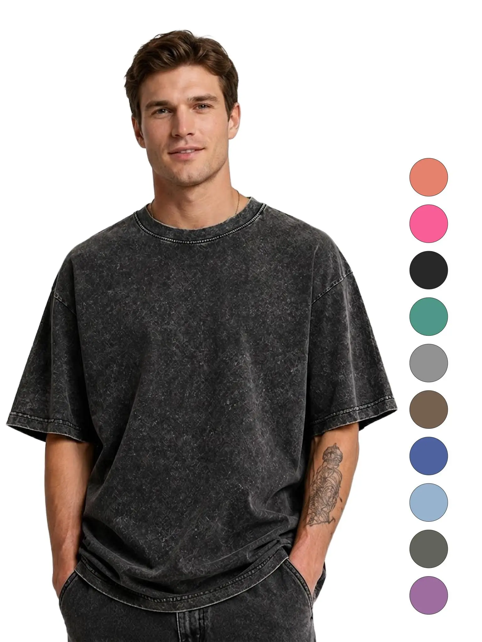 Men's 100% Cotton Acid Wash Baggy Oversized Crew Neck Short-Sleeve T-Shirt - Soft, Breathable, Vintage Unisex Top with Stitched Hem, Medium Length, All Seasons, Streetwear, Casual, Oversized Fit (Pairs with Sweatpants)