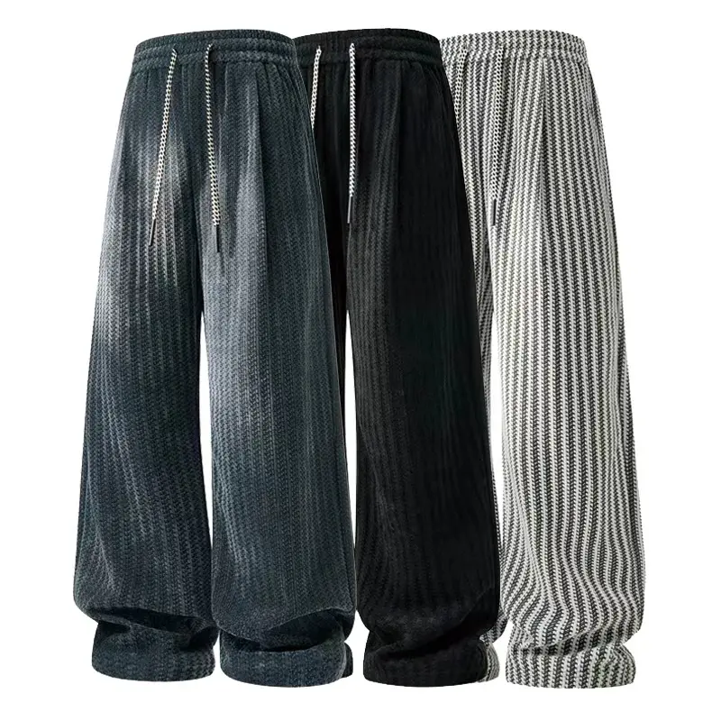 Men's High-Waisted Wide-Leg Ribbed Knit Joggers - Adjustable Drawstring, Striped/Plain Soft Streetwear Outfits, Ideal for Workouts, Lounging, Autumn-Winter Menswear Bottoms, Wide Leg Sweatpants