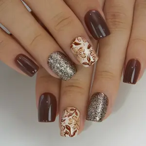 Curvlife short squoval patterns prints Gel Press On Nails floral brown glossy shiny for fall Nail Art 2 Week Wear