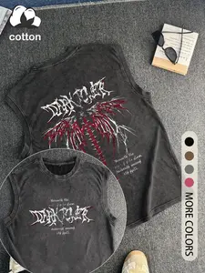 Men's Wing Print Round Neck Knit Tank Top, Regular Fit Casual Fashion Sleeveless Top for Summer, Men's Clothes for Daily Wear, Socks