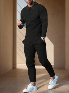 men's solid zipper solid color polo shirt and drawstring waist pants set, fashion longsleeves collared top & trousers with practical pocket design, suitable for casual sports, menswear, formal wear