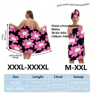 Floral Print Towel Skirt Set with Head Wrap, Black & Pink Large Flowers with White Centers, Plus Size XXXXL, for Beach/Hot Spring Spa, Perfect for Festive Summer & Pool Party (Size: One Size & XXXXL)