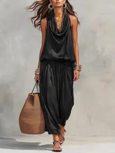 Elegant Women's Two-Piece Set, Sleeveless Backless Top with Pleated Neckline, Casual Pants, New Arrival Aesthetic Fashion Wear