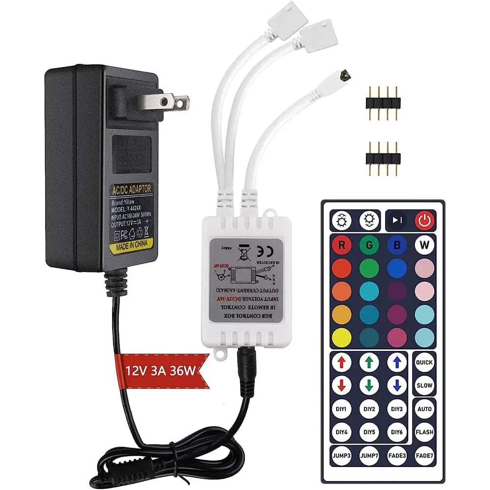 44 Keys IR Remote Controller Kit - Includes Wireless Rectifier Control Box and DC 12V 3A Power Supply Adapter - Replacement Control for SMD 5050 3528 2835 RGB LED Strip Lights