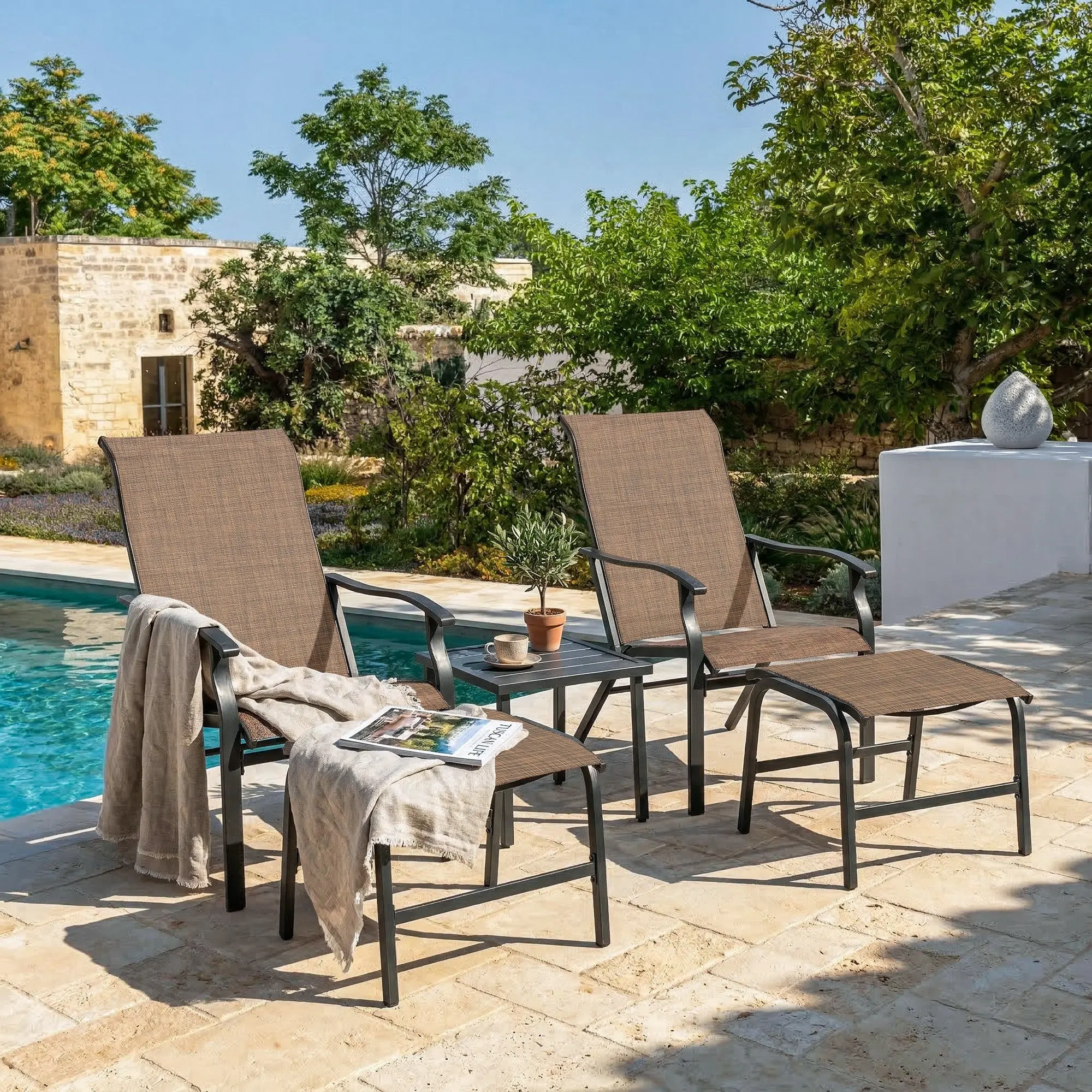 3-Piece Textilene Patio Chaise Lounge Set with Ottoman and Side Table