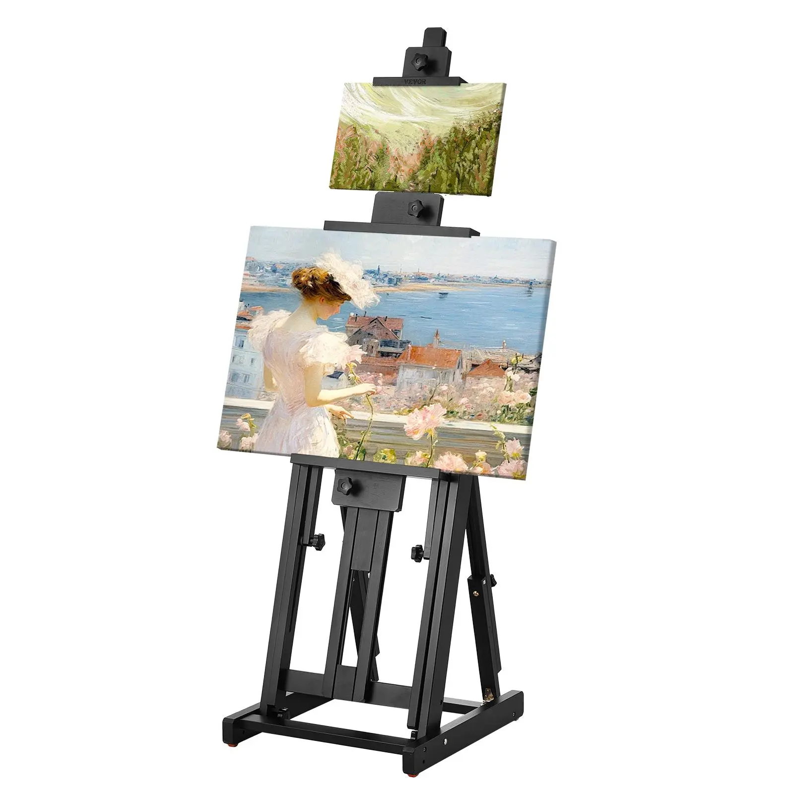 VEVOR Premium Beechwood Studio H-Frame Easel for Artists, Adjustable Art Painting Easel with Bottom Tray Storage, Stable Base, 77" Canvas Capacity, Double Position, 22 lbs Strong Weight Capacity, Ground-Level Stability, Natural Wood Grain