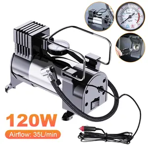 12V Portable Air Compressor with Pressure Gauge Heavy Duty Tire Inflator Cylinder Power System Heavy Duty Deluxe Portable Metal Air Compressor Car Tire Inflatable Pump