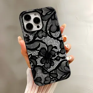 Red And Black Lace Vintage Pattern Phone Case Compatible with iPhone 17 16 15 14 13 12 11Pro Max Plus XS and SamsungGalaxy S26 S25 S24 S23 S22 S21 ,Cute FashionDual Layer Creative Case,Tuff phone cases, Perfect Gift for Her/Him.HY67