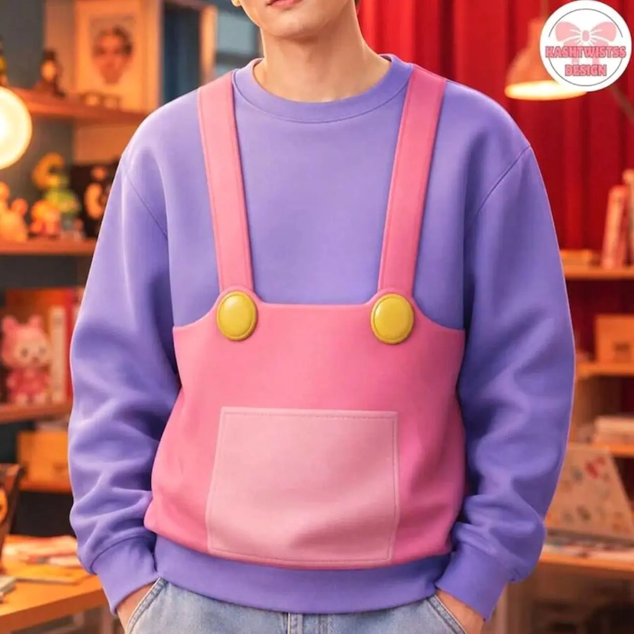 Menswear Jax Long Sleeve Overalls Sweatshirt - Cute Rabbit Jester Halloween Costume, Casual Stretch Fabric Unisex Cosplay Outfit for Spooky Parties, Men's Special Occasion Wear