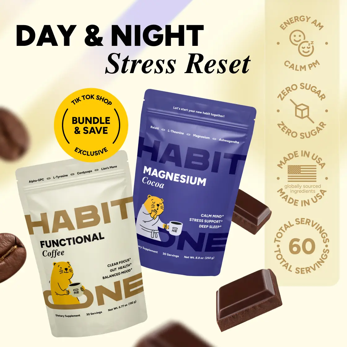 HabitONE Day & Night Stress Reset Bundle | 60 Servings | Magnesium Cocoa & Mushroom Coffee | Adaptogens for Morning & Night | 0g Sugar
