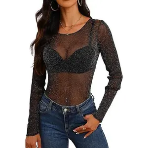 Womens Long Sleeve Boat Neck Glitter Tops Sheer Sparkly Blouse Sexy See Through Layering Shirts Slim-fit round neck see-through sexy top, nightclub party shirt