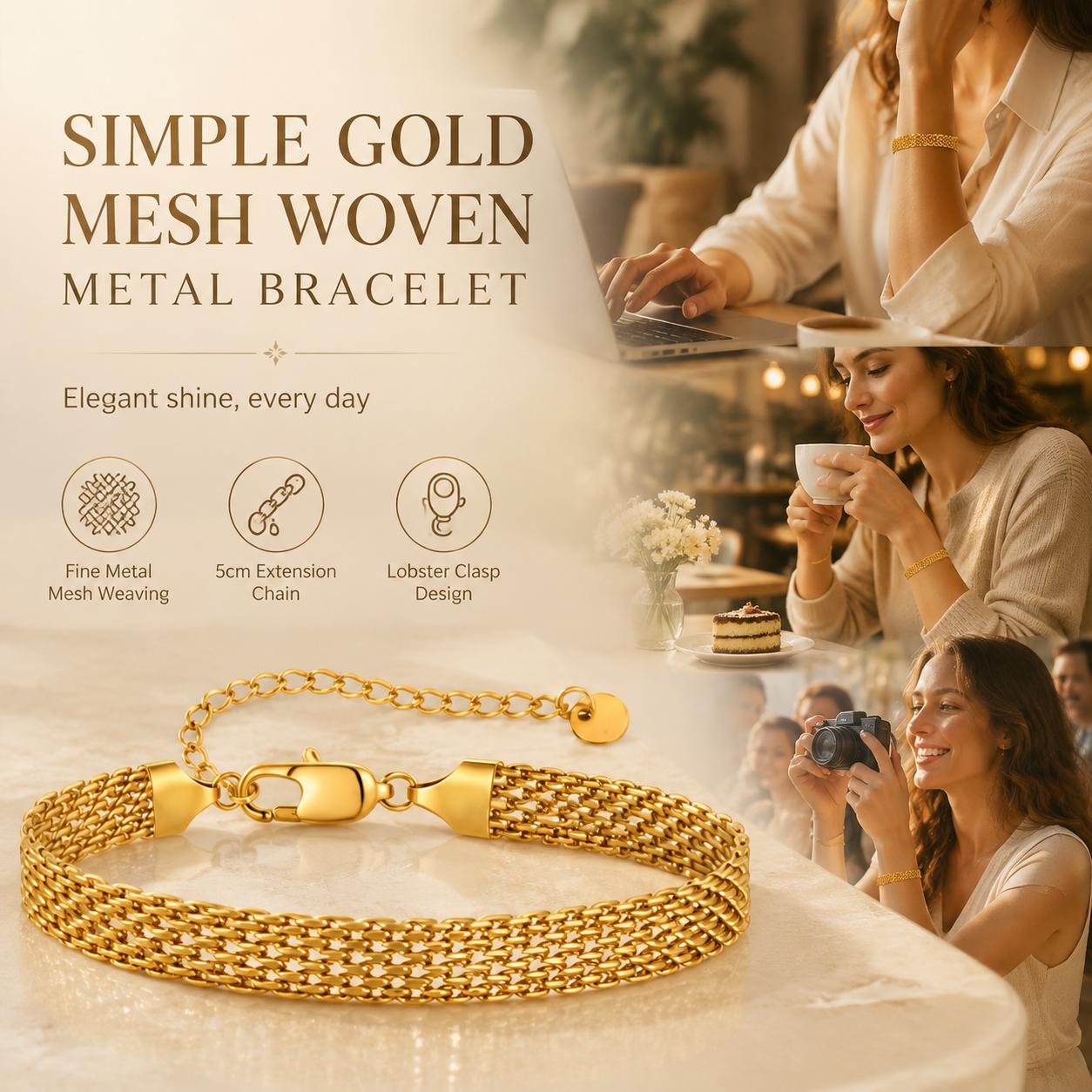 Waterproof Chunky Chain Bracelet for Women - 14K Gold Plated Trendy Adjustable Chain Bracelet - Lightweight Stainless Steel Jewelry | Gold Bracelet for Women, Mesh Bracelet Weaving Bracelet with Lobster Clasp, Elegant Fashion Jewelry Gift for Her