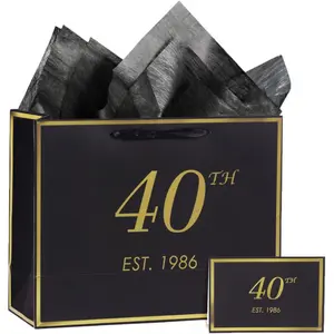 40th Birthday Gift Bag with Card and Tissue Paper for Men Women Him, 1986 40 Year Old 13" Elegant Black Gold Anniversary Keepsake Party Present Shopping Paper Bags for Gifts Wrapping (1986 40th)