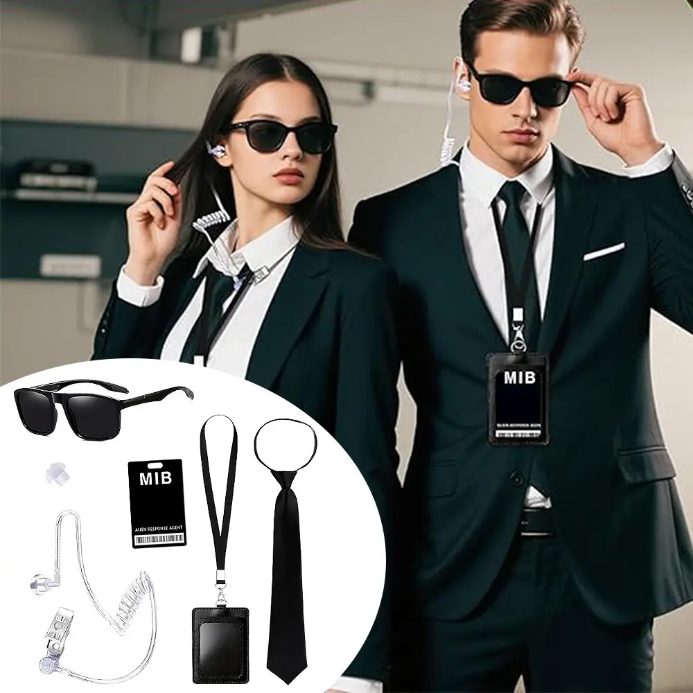 Adult 6-Pc Simple Style Adjustable Waterproof Plastic Spy Agent Costume Accessories Set - MIB Sunglasses, Zip Tie, Lanyard, Earbud, Foldable Card Holder, Slip, Birthday Gift for Alien Adventure, Halloween Events