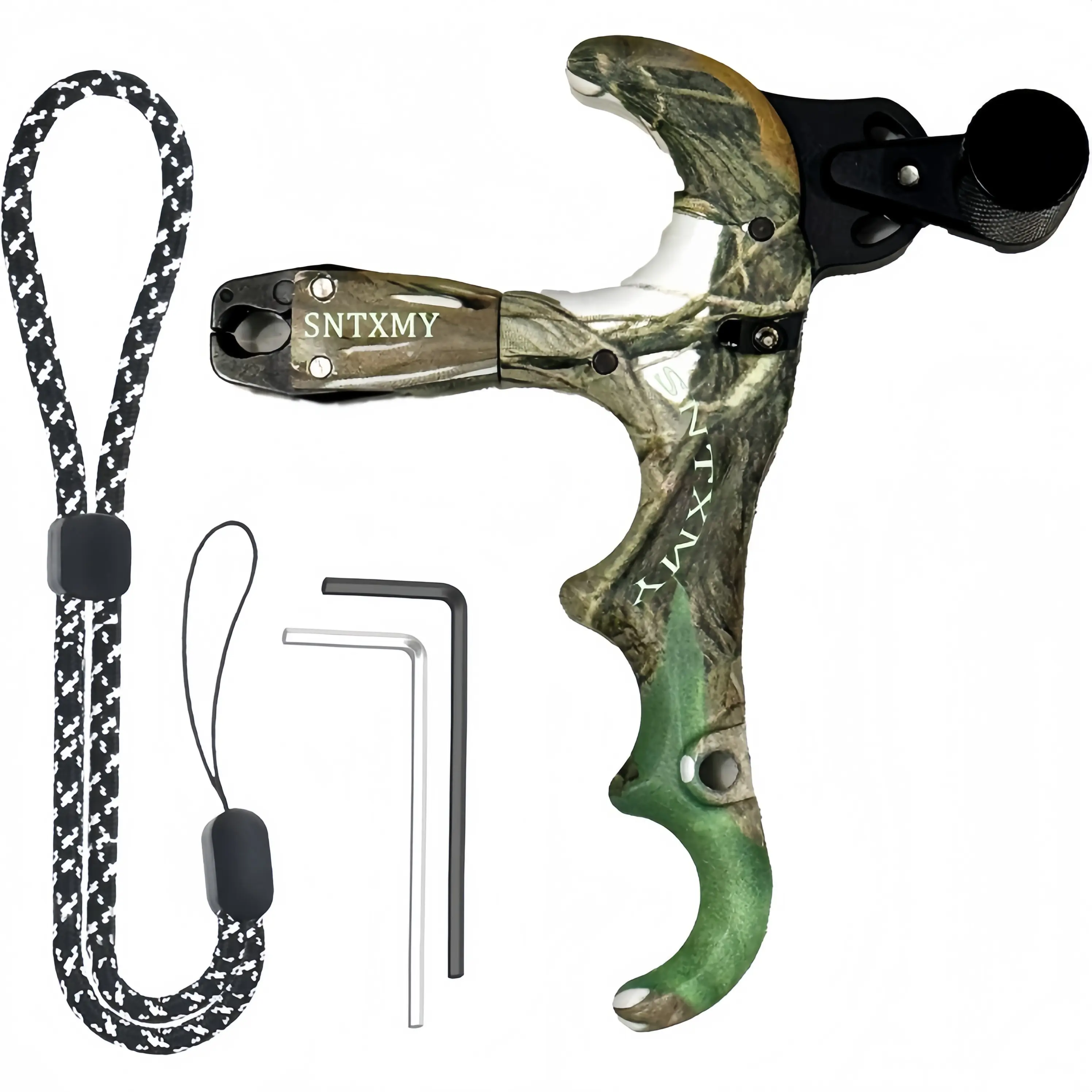 4-finger thumb archery release, 360° rotatable caliper head, adjustable trigger compound bow release, with anti-loss lanyard and hex wrench, suitable for bow hunting and target shooting camouflage, holiday gift