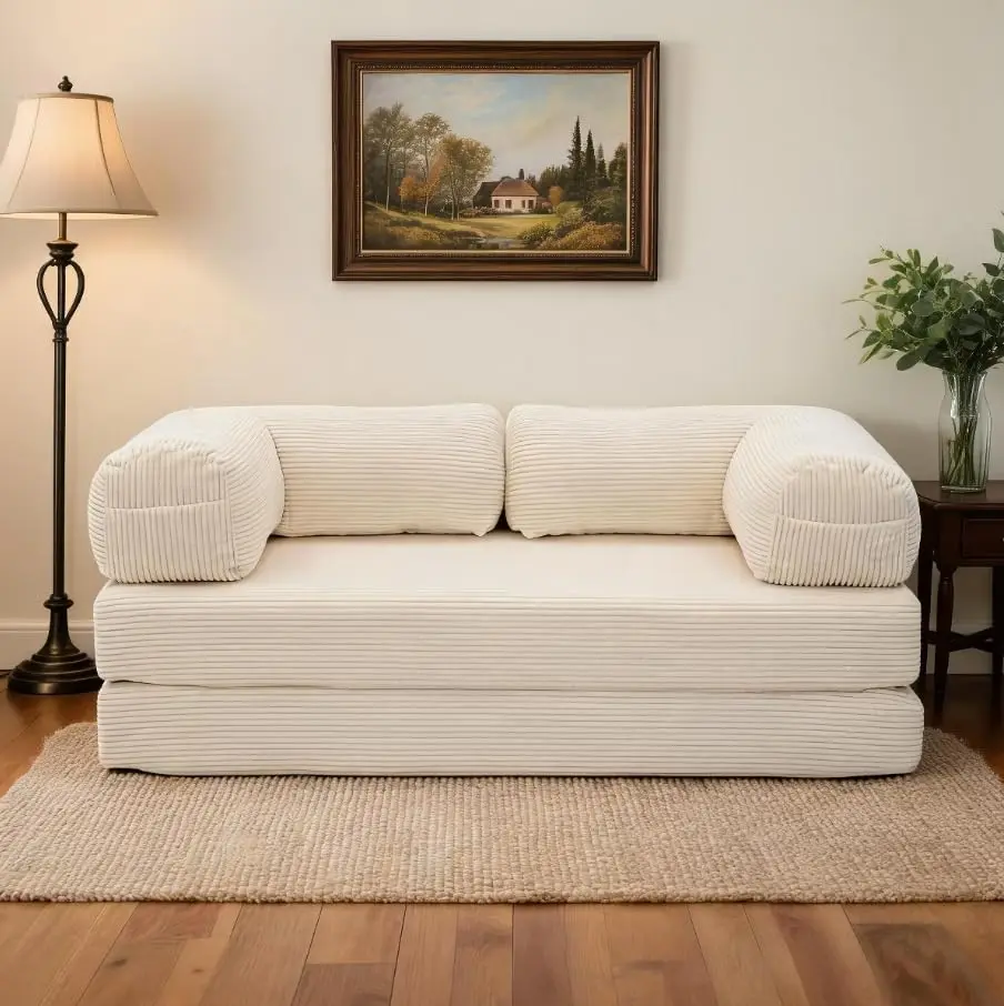 Garvee 4-in-1 Convertible Corduroy Floor Sofa Bed - Double Layer Foam Futon Couch - Space-Saving Modular Lounger Sleeper for Living Room, Bedroom, Apartment, Guest Room - Beige