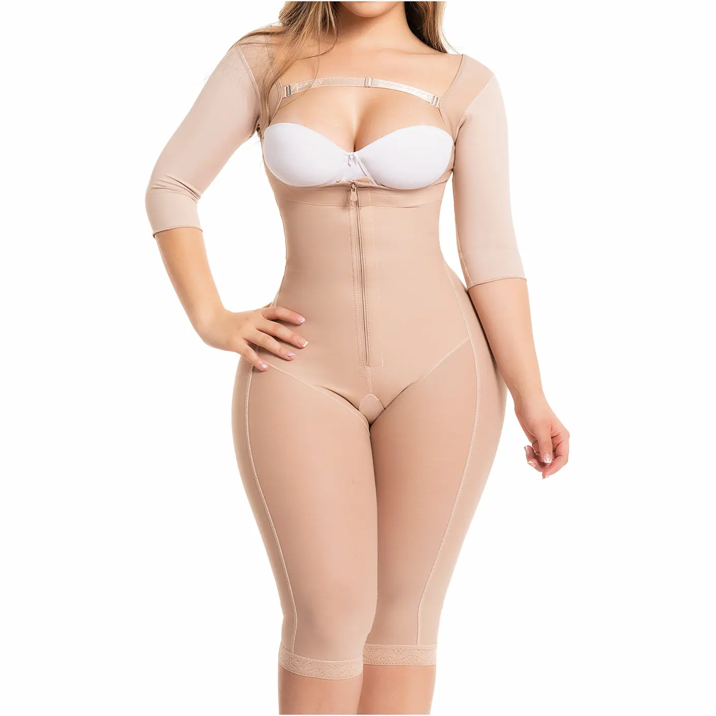 Fajas Salome Body Shaper for Women with Sleeves - Post-Surgery Zipper Girdle with Knee-Length High Compression, Butt Lifter & Cotton Lining (525), Body Sculpting Garment, Postpartum Cincher, Shapewear, Open‑Bust